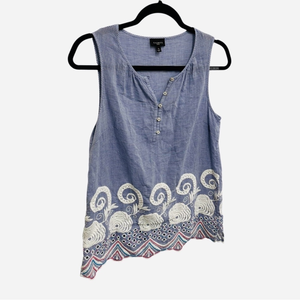 Talbots blue white striped top with embroidery and scalloped hem spring summer - Picture 6 of 11